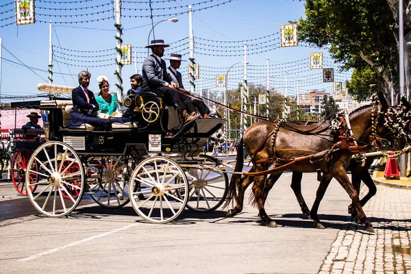 Seville, İspanya - 5 Mayıs 2022 Sevillianlar geleneksel Endülüs tarzında giyinmiş bir şekilde İspanya 'nın en ünlü festivali olan Feria de Sevilla' nın koridorlarında at arabasıyla dolaşıyorlar.
