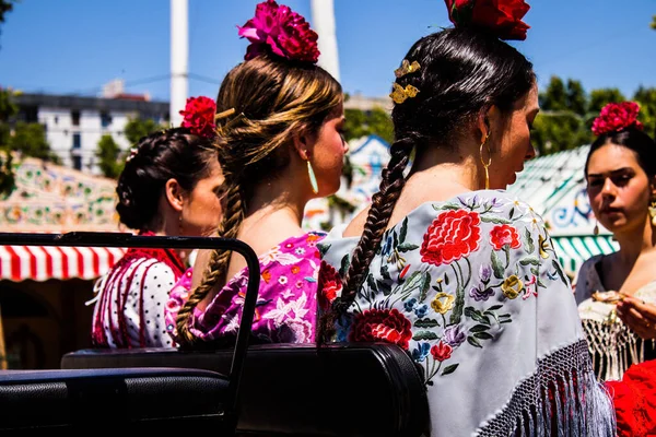 Seville Spain May 2022 Sevillians Dressed Traditional Andalusian Way Riding — Stock Photo, Image