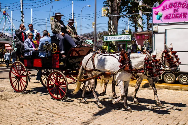 Seville, İspanya - 5 Mayıs 2022 Sevillianlar geleneksel Endülüs tarzında giyinmiş bir şekilde İspanya 'nın en ünlü festivali olan Feria de Sevilla' nın koridorlarında at arabasıyla dolaşıyorlar.