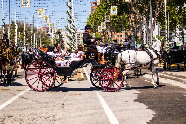 Seville, İspanya - 5 Mayıs 2022 Sevillianlar geleneksel Endülüs tarzında giyinmiş bir şekilde İspanya 'nın en ünlü festivali olan Feria de Sevilla' nın koridorlarında at arabasıyla dolaşıyorlar.