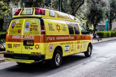 Tel Aviv, Israel - May 07, 2022 Ambulance driving through the streets of Tel Aviv during the coronavirus outbreak hitting Israel