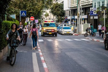 Tel Aviv, Israel - May 07, 2022 Ambulance driving through the streets of Tel Aviv during the coronavirus outbreak hitting Israel