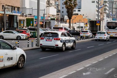 Tel Aviv, Israel - May 07, 2022 Police car rolling in the streets of Tel Aviv during the coronavirus outbreak hitting Israel