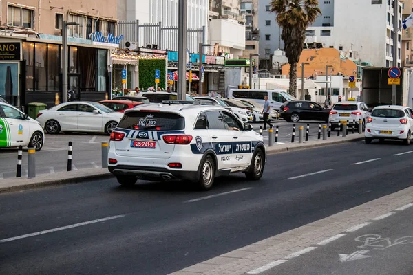 Tel Aviv, Israel - May 07, 2022 Police car rolling in the streets of Tel Aviv during the coronavirus outbreak hitting Israel