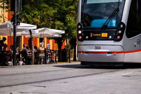 Seville Spain May 2022 Modern Electric Tram Passengers Rolling Streets — Foto Stock