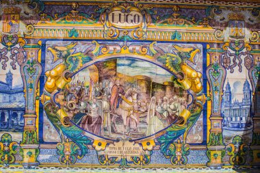 Seville, İspanya - 15 Mayıs 2022 İspanya Plaza, Andalusia bölgesinin başkenti ve sembolik bir şehir olan Seville 'deki Maria Luisa parkında yer alan bir mimari komplekstir.