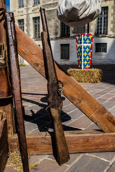 Reims, Fransa - 28 Mayıs 2022 Reims şehrinde düzenlenen Johanniques şenlikleri sırasında Orta Çağ 'ın kalbine ziyaretçileri taşıyan tarihi yeniden yapılanma