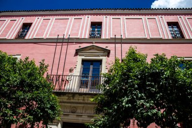 Seville, İspanya - 1 Haziran 2022 İspanya 'nın güneyindeki Endülüs Bölgesi' nin başkenti ve sembolik bir şehir olan Sevilla sokaklarındaki bir binanın cephesi