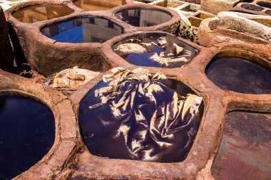Fez, Fas - 13 Haziran 2022 Chouara Tannery, Chouara 'daki boya fıçıları Fez Medine' nin en ikonik manzaraları arasındadır. Eskiler 'in bronzlaşma ve boyama sanatı, içsel gerçekliğiyle.