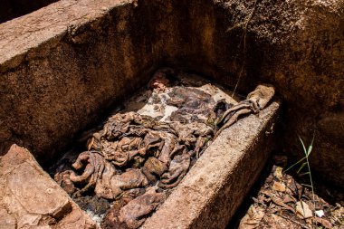 Fez, Fas - 13 Haziran 2022 Chouara Tannery, Chouara 'daki boya fıçıları Fez Medine' nin en ikonik manzaraları arasındadır. Eskiler 'in bronzlaşma ve boyama sanatı, içsel gerçekliğiyle.