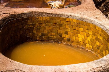 Fez, Fas - 13 Haziran 2022 Chouara Tannery, Chouara 'daki boya fıçıları Fez Medine' nin en ikonik manzaraları arasındadır. Eskiler 'in bronzlaşma ve boyama sanatı, içsel gerçekliğiyle.