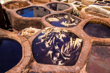 Fez, Fas - 13 Haziran 2022 Chouara Tannery, Chouara 'daki boya fıçıları Fez Medine' nin en ikonik manzaraları arasındadır. Eskiler 'in bronzlaşma ve boyama sanatı, içsel gerçekliğiyle.