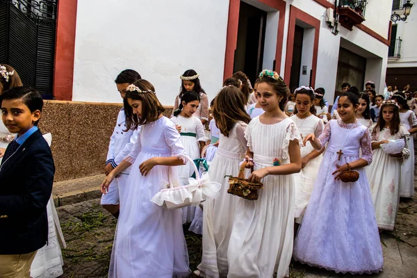 Carmona, İspanya - 19 Haziran 2022 Corpus Christi de Carmona, Santa Maria Kilisesi 'ne giden genç çocuklarla dolu dini geçit töreni.