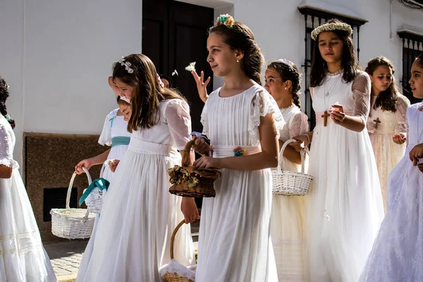 Carmona, İspanya - 19 Haziran 2022 Corpus Christi de Carmona, Santa Maria Kilisesi 'ne giden genç çocuklarla dolu dini geçit töreni.