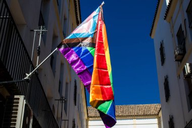 Seville, İspanya - 25 Haziran 2022 LBGT bayrağı, İspanya 'nın güneyinde, sembolik bir şehir ve Endülüs Bölgesi' nin başkenti olan Sevilla sokaklarındaki bir binanın ön cephesinde