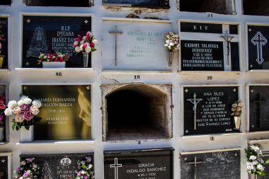 Carmona, İspanya - 2 Temmuz 2022 Andalusia 'daki Carmona Belediyesi' nin Hristiyan mezarlıklarında, mezarlar bir duvarın derinliğinde ve zengin bir şekilde dekore edilmiştir.