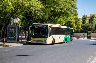 Sevilla, İspanya - 4 Temmuz 2022 Sevilla otobüsü Coronavirus salgını sırasında İspanya 'yı vururken, maske takmak zorunludur.