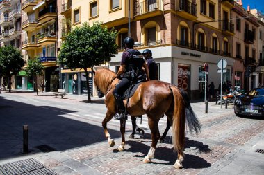 Seville, İspanya - 4 Temmuz 2022 İspanya Polisi, İspanya 'nın güneyinde, sembolik bir şehir ve Endülüs Bölgesi' nin başkenti Sevilla sokaklarında devriye geziyor.
