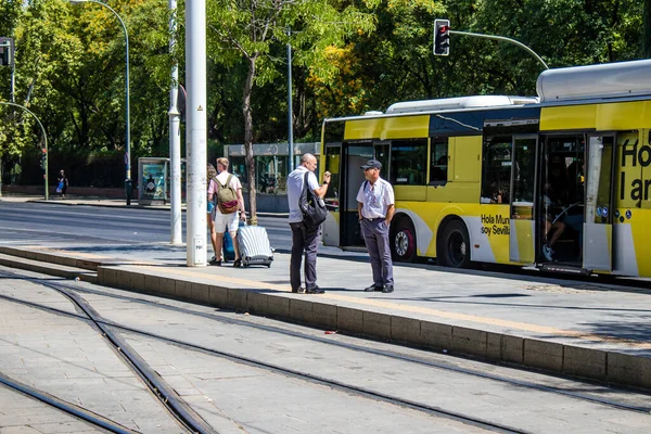 Seville Spain July 2022 Bus Driving Streets Seville Coronavirus Outbreak — Zdjęcie stockowe