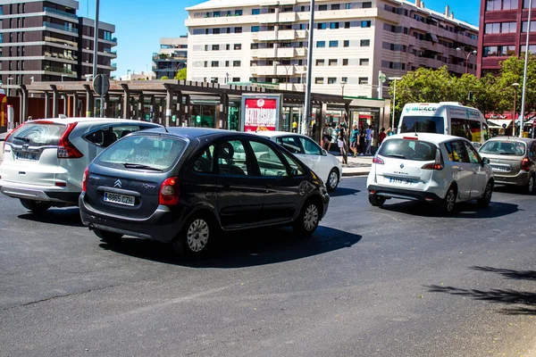 Seville, Spain - July 04, 2022 Traffic jam in the streets of Seville, an emblematic city and the capital of the region of Andalusia, in the south of Spain