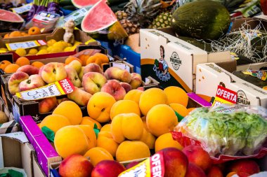 Sevilla, İspanya - 4 Temmuz 2022 Sevilla 'daki Triana pazarında Coronavirus salgını sırasında sebze ve meyve satılması zorunludur.