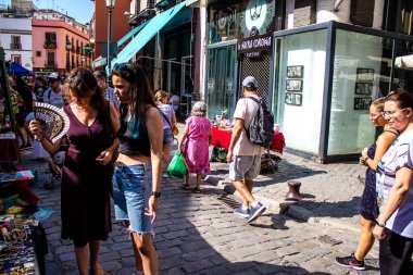 Seville, İspanya - 14 Temmuz 2022 Mercadillo Historico Del Jueves olarak da bilinen bit pazarında satılan çeşitli eşyalar, yerel halk dar Calle Feria 'da pazarlık aramakla meşgul.