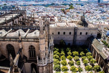 Seville, Spain - September 01, 2022 From the top of the Saint Metropolitan and Patriarchal Cathedral of Seville, It is the largest Gothic cathedral in the world