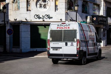 Tetouan, Morocco - August 19, 2022 Police car patrolling in the streets of Tetouan during the coronavirus outbreak hitting Morocco