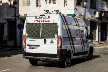 Tetouan, Morocco - August 19, 2022 Police car patrolling in the streets of Tetouan during the coronavirus outbreak hitting Morocco