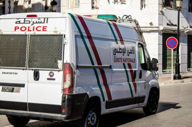 Tetouan, Morocco - August 19, 2022 Police car patrolling in the streets of Tetouan during the coronavirus outbreak hitting Morocco