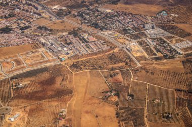 Seville, Spain - August 19, 2022 Commercial flight between the city of Seville in Spain and Tetouan in Morocco, View from the sky of the land and the Strait of Gibraltar separating Europe and Africa
