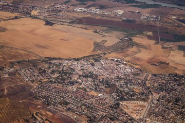 Seville, Spain - August 19, 2022 Commercial flight between the city of Seville in Spain and Tetouan in Morocco, View from the sky of the land and the Strait of Gibraltar separating Europe and Africa