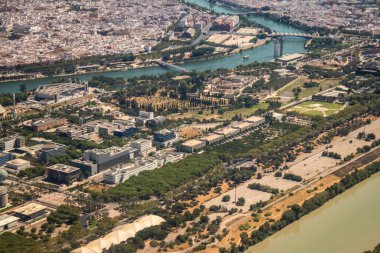 Seville, Spain - August 19, 2022 Commercial flight between the city of Seville in Spain and Tetouan in Morocco, View from the sky of the land and the Strait of Gibraltar separating Europe and Africa