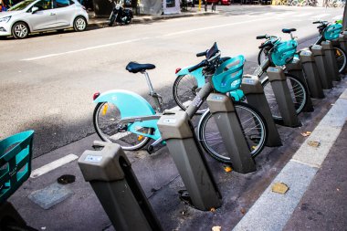 Paris, France - September 05, 2022 Accessible bicycles to hire for short periods of time, usually for a few hours parked in the streets and part of the public transport system of Paris