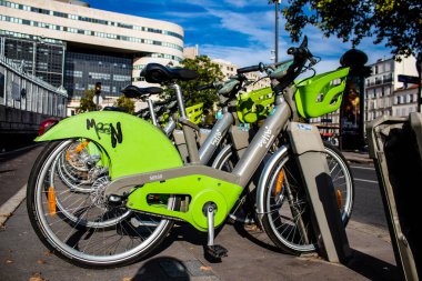Paris, France - September 05, 2022 Accessible bicycles to hire for short periods of time, usually for a few hours parked in the streets and part of the public transport system of Paris