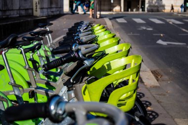 Paris, France - September 05, 2022 Accessible bicycles to hire for short periods of time, usually for a few hours parked in the streets and part of the public transport system of Paris