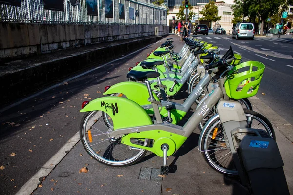 Paris, France - September 05, 2022 Accessible bicycles to hire for short periods of time, usually for a few hours parked in the streets and part of the public transport system of Paris