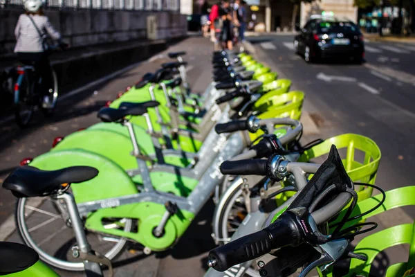 Paris, France - September 05, 2022 Accessible bicycles to hire for short periods of time, usually for a few hours parked in the streets and part of the public transport system of Paris