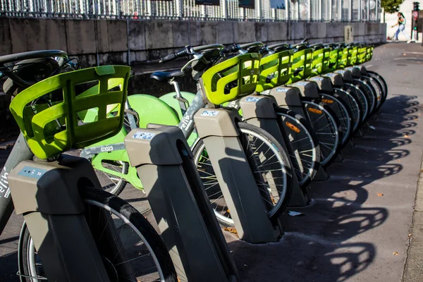 Paris, France - September 05, 2022 Accessible bicycles to hire for short periods of time, usually for a few hours parked in the streets and part of the public transport system of Paris