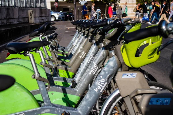 Paris, France - September 05, 2022 Accessible bicycles to hire for short periods of time, usually for a few hours parked in the streets and part of the public transport system of Paris
