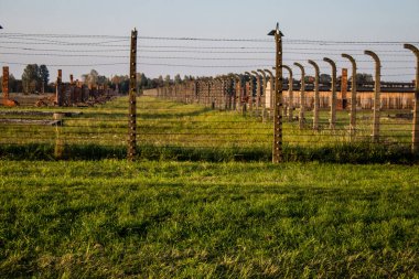 Oswiecim, Polonya - 7 Ekim 2022 Birkenau, Üçüncü Reich 'taki en büyük toplama kampı kompleksi, hem toplama kampı hem de Yahudileri yok etmek için inşa edilmiş bir imha merkezi.