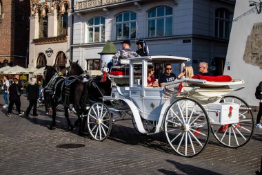 Krakow, Polonya - 08 Ekim 2022 At arabası yarışları Krakow 'un ilgi odağı haline geldi. Çok güzel at arabaları sizi şehir merkezine götürecek.