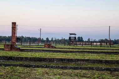 Oswiecim, Polonya - 7 Ekim 2022 Birkenau, Üçüncü Reich 'taki en büyük toplama kampı kompleksi, hem toplama kampı hem de Yahudileri yok etmek için inşa edilmiş bir imha merkezi.