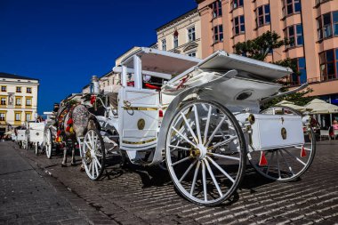 Krakow, Polonya - 08 Ekim 2022 At arabası yarışları Krakow 'un ilgi odağı haline geldi. Çok güzel at arabaları sizi şehir merkezine götürecek.