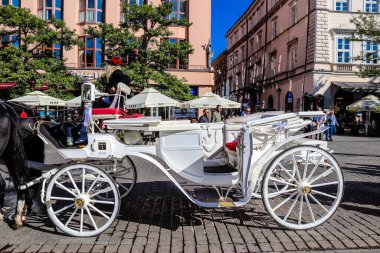 Krakow, Polonya - 08 Ekim 2022 At arabası yarışları Krakow 'un ilgi odağı haline geldi. Çok güzel at arabaları sizi şehir merkezine götürecek.