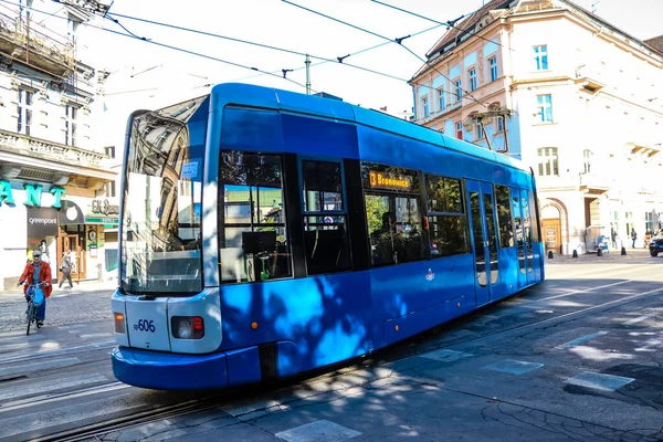 Krakow Poland October 2022 Modern Electric Tram Driving Streets Krakow — Stock Photo, Image
