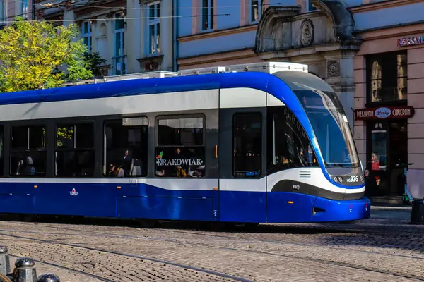 Krakow Poland October 2022 Modern Electric Tram Driving Streets Krakow — Stock Photo, Image