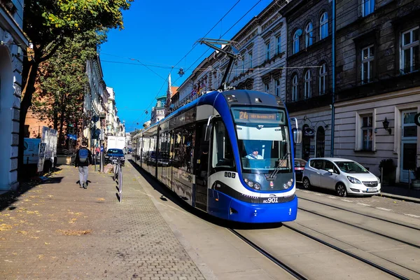 Krakow Poland October 2022 Modern Electric Tram Driving Streets Krakow — Stock Photo, Image