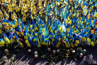 Ukrayna, Kiev - 12 Ekim 2022 Ukrayna 'daki yabancı lejyonun 3 askeri harekatta ölenlerden birine saygılarını sundular. Kyiv 'in ana meydanına ölü askerin adı yazılı küçük bir bayrak dikildi.