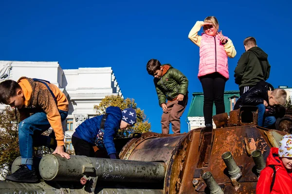 Ødelagt Russisk Militært Udstyr Udstilling Mykhailivska Square Kiev Ukraine Oktober - Stock-foto